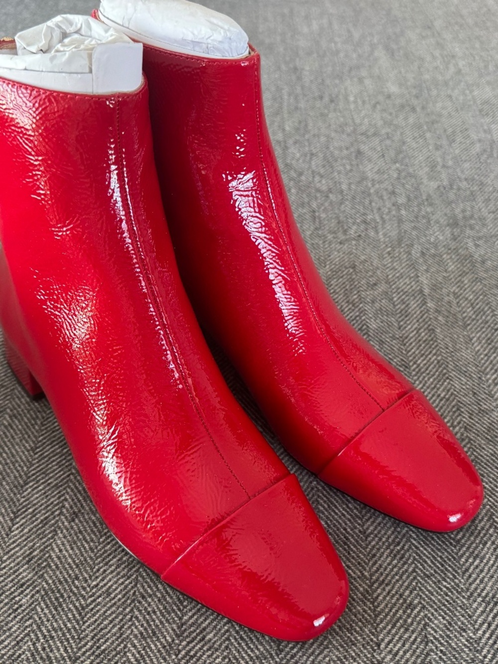 NWT, JCREW, SASSY BRICK RED, CAP-TOE ANKLE BOOTS IN CRINKLE PATENT LEATHER
